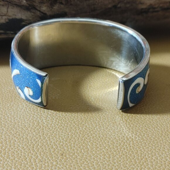 Conch Shell Inlay Swirl Textured Cuff Bracelet Blue Pink White Natural Stone - Picture 8 of 14